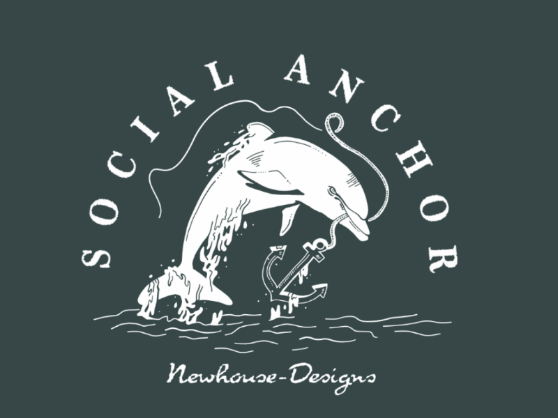 Social Anchor black and white illustration design drawing anchor dolphin social