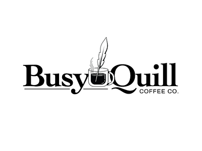 Busy Quill Coffee Co. black and white busy coffee illustration ink logo quill writing