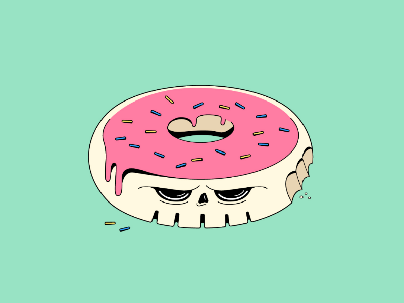 Skullhnut linework graphic sad pink colours cute illustration skull doughnut