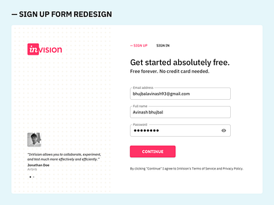 Sign Up Form Redesign color theory invision minimal design sign up form testimonials textfields design texture typography