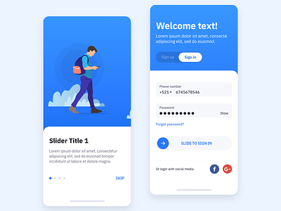 Mobile Tutorial & Login backdrop color theory facebook login illustration login textfield toggle tutorial typography