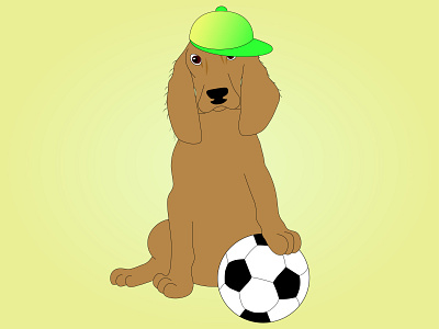 A spaniel dog in cap with soccer ball