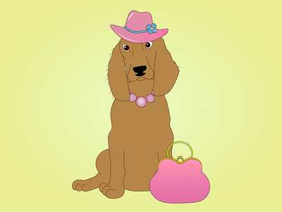 A spaniel dog in pink hat with flower