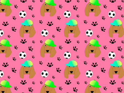 A seamless pattern with spaniel dogs and soccer balls