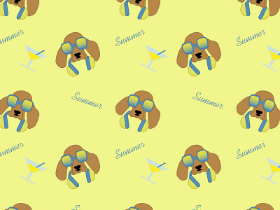 A pattern with spaniel dogs in sunglasses and headphones animal blue cartoon character children dog graphic design headphones illustration print seamless pattern spaniel dog sunglasses template toy vector wallpaper yellow