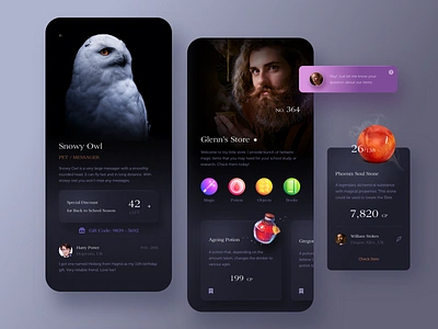 Magic store app. animal app card dark gallery game item kit list market message mobile price profile review shop store ui