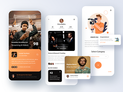 Streaming News App. app channel clean community dark gallery message mobile music orange play profile search social media streaming ui video