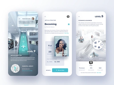 Library App. 3d app ar book clean details floor plan info library map mark menu message mobile navigation price profile search ui vr