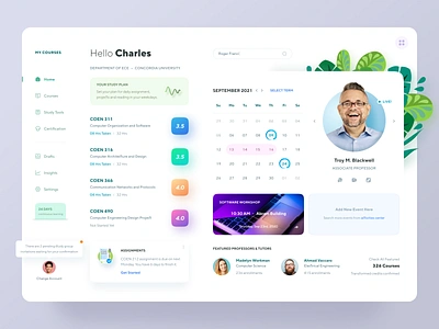 Course Enrollment Dashboard app calendar clean course dashboard dashboard design design education event fresh list live notification profile study ui video web web design website