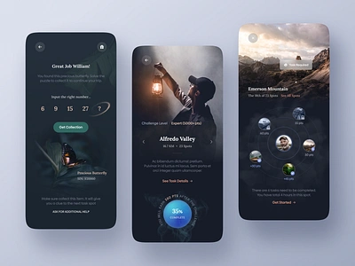 Travelling Challenge App. animal app app design challenge clean dark design details game list map mobile mobile design profile puzzle search sport travel travelling ui
