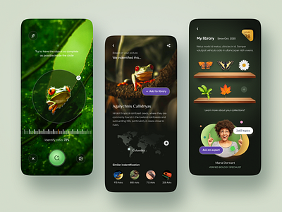 Animal & Plants Identifier App. animal app app design biology camera clean collection design details green library map mobile mobile design photo picture plant profile study ui