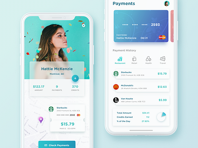 Payments App. app card chart clean finance ios list location map payment profile shopping