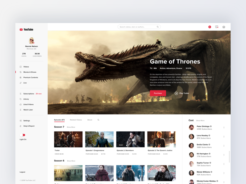 Youtube concept design - media content about app details hiwow landing layout list media menu movie profile tv show video web youtube