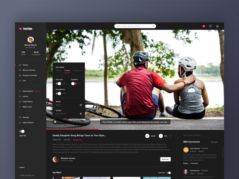 Youtube concept design - player app comment dark description details hiwow list player profile settings social media ui video web youtube