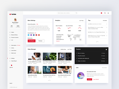 Youtube concept design - dashboard analysis card chart clean dashboard hiwow information list map ui video web youtube