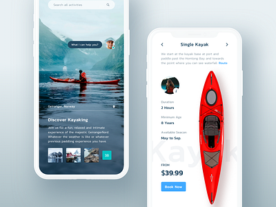 Discover kayaking app chat contact description gallery hiwow list location message mobile price search travelling ui