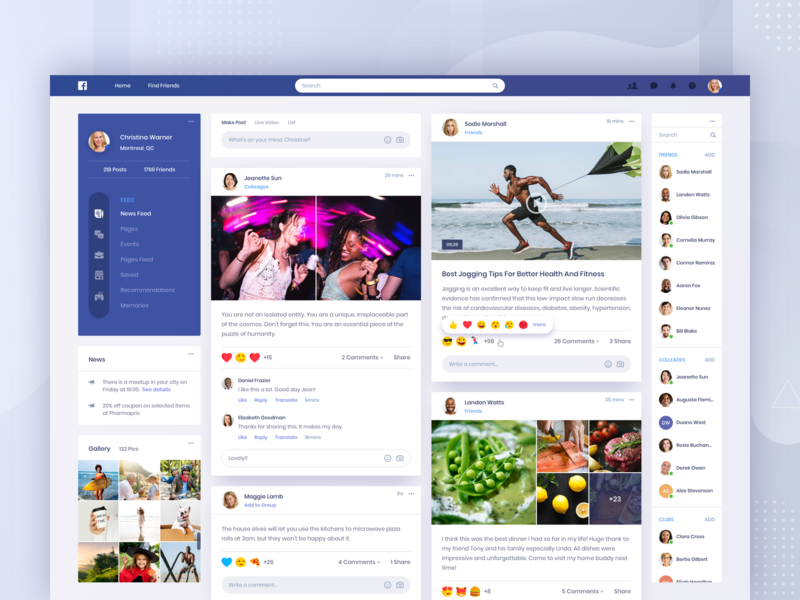 Facebook Concept - Home app clean community contact facebook feed friends gallery message news post profile social ui video web