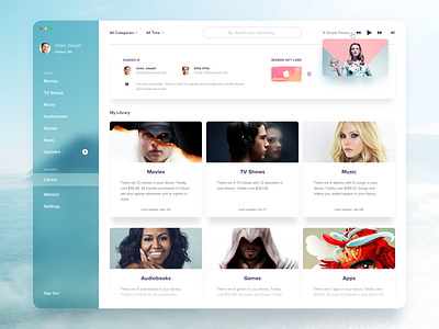 Media store idea - Library app dashboard details gallery game list media movie music navigation player price profile search shop store tv show ui video web