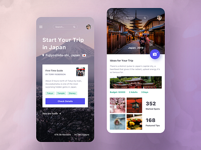 Trip app - Explore countries app clean details gallery list message mobile price profile search shop ui video