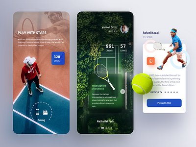 VR Tennis Game App. app ar card credit design details gallery game mobile play profile score search sport tennis ui video vr