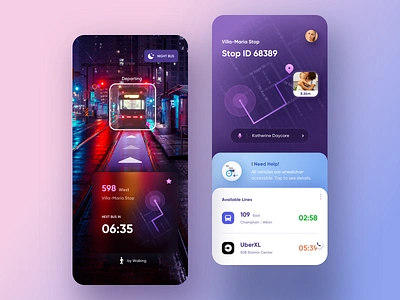 Public transit app. app ar bus car card clean gps location map metro mobile public transit public transport purple subway taxi uber ui voice vr