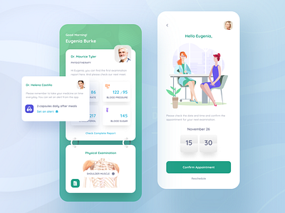 Medical app. app appointment card clean date details doctor green illustration list medical medicine message mobile notification pharmacy profile time ui