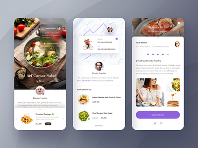 Fastfood order app. app clean contact delivery details food gallery list map message mobile price profile purple review ship social traffic ui