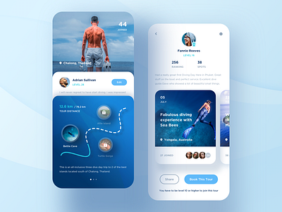 Diving app. app blue calendar card clean credit date gallery game layout location mobile product design profile sport tour travel ui video