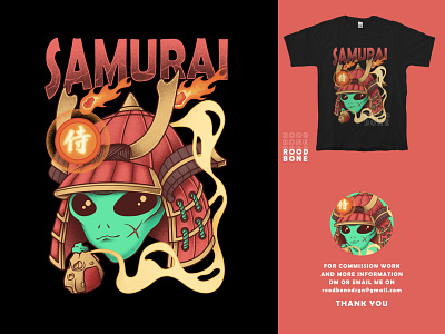 Alien Samurai Illustration for T-Shirt album cover alien apparel design clothing design graphic design illustration japanese merch design onigiri pop psychedelic space streetwear t shirt design trippy