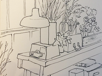 Sketch coffee shop detail flowers lamp line drawing paper sketch