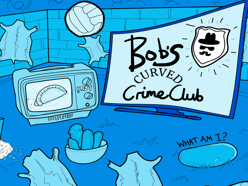 Bob's Crime Club podcast illustration line drawing pebble chicken dippers pitch football pelts pasty portable tv detective curved tv