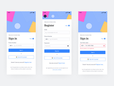 Sign in & Register Screen Mobile App android app clean error error state fashion help input input field ios app design login phone number register sign sign up simple ui ux