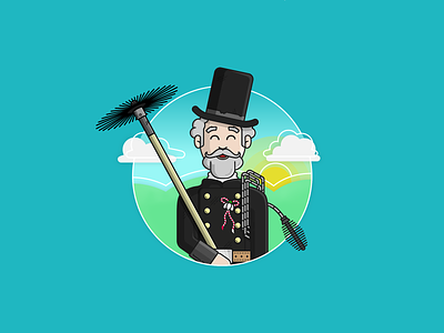 Chimney Sweep character chimney chimney sweep clean clouds green hills icon illustration man spring sunny symbol yellow