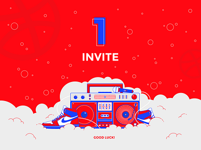 Invite giveaway! blue boombox bubbles clean cloud cool dj hip hop hipster illustration invite invite giveaway music rap red retro sneakers turntable vector art