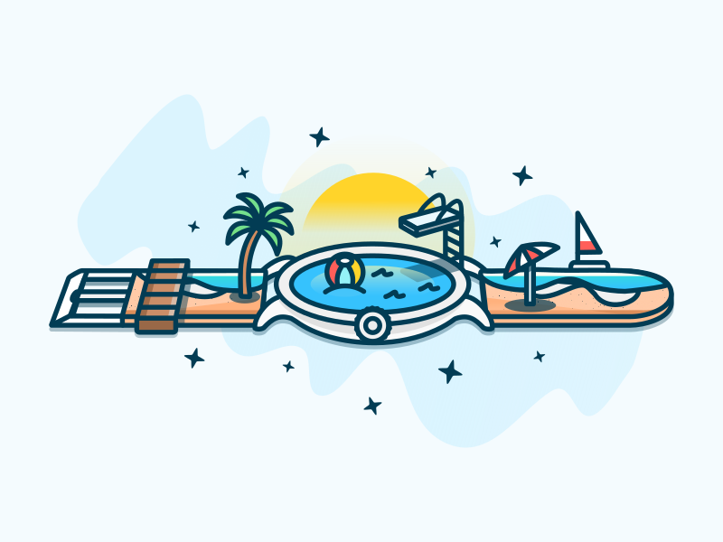 Summer Time ocean pool umbrella tree stars illustration seasons clock watch time sumer