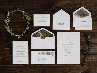 Wedding Invitation Suite envelope flower crown invitation letterpress menu organic print stationery wedding