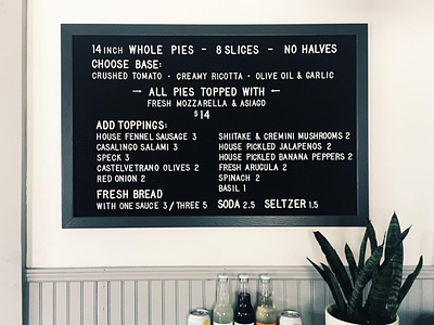 Now Open II charleston interior letterboard menu pizza typography