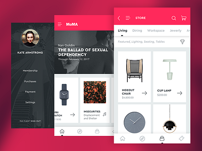 MOMA - Mobile App Redesign WIP 3 app cards ios mobile moma redesign shop store ui usermenu ux
