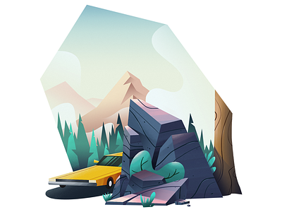 Roadtrip camping car forest illustration mountain rock tree yellow