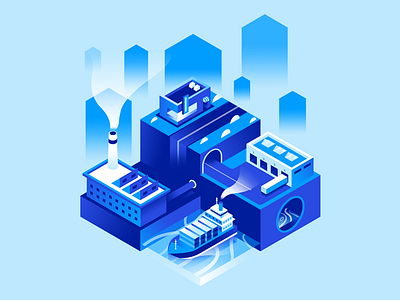 Physical Supply Chain Layer boat city data factory gradient illustration isometric shop