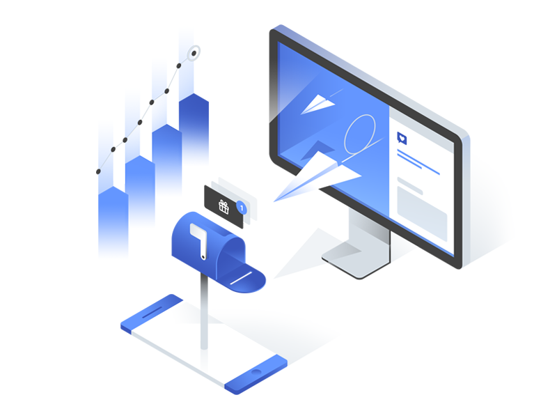 Smile.io Referrals Illustration gradient isometric graph airplane mailbox phone imac computer
