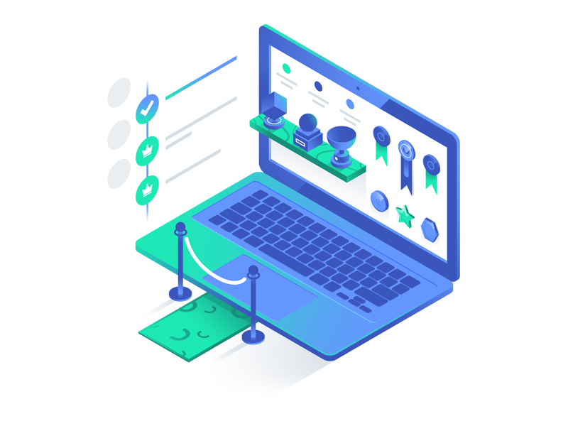 Smile.io VIP Illustration gradient isometric carpet badge trophy medal gift point reward laptop computer