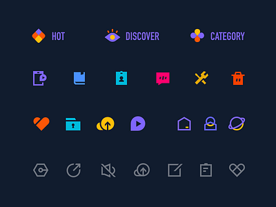 Icon set for video app app category color discover edit fav glyph home home app hot icon like mute setting shape share upload