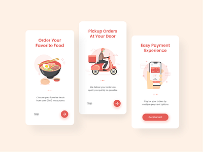 Food app onboarding 2d app delivery food graphic design illustration mobile onboarding peach pink red ui