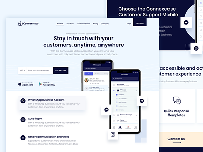 Connexease - Customer Care Chat Mobile App Landing Page application chat chat app landing landingpage mbe style mobile mobile ui notification product search simple ui
