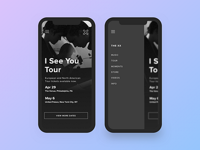 Music tour design mobile interface landingpage mobile app the xx