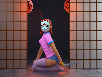 Kitsune 3d c4d characterdesign cinema 4d design digitalart gang graphicdesign hannya illustration japan japanese kitsune mask photoshop render warrior