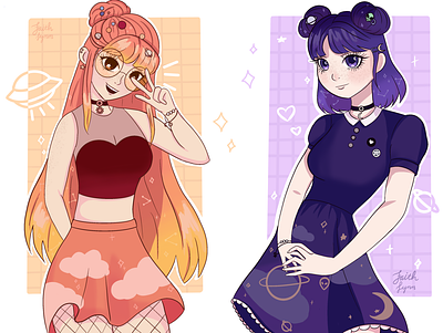 Space Girls anime girls illustration ipad orange pink planets procreate purple space stars