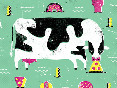 Cow Grazing in a Peculiar Meadow cow food grazing illustration pizza