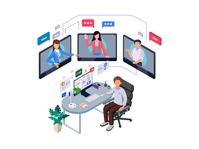 Work from home business communication conference design dribbble homepage ideas illustration isometric network stay at home teamwork technology vector video conference web webinar website work from home workspace